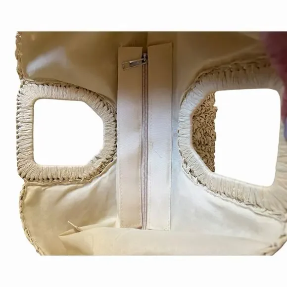 Ramla Bohemian Tan Woven Straw Half Moon Hobo Bag New Handmade Zip Closure - Picture 13 of 16